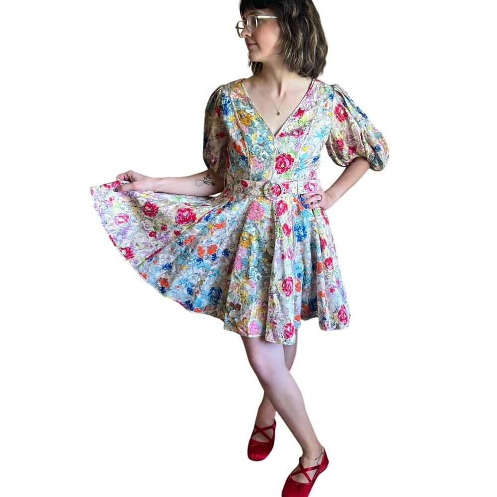 Zimmermann Clover Belted Linen Floral Fit & Flare Puff Sleeve Dress Size 1 US 4